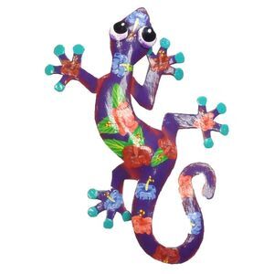 Tropical Hibiscus Purple Gecko Lizard Haitian Metal Art Medium